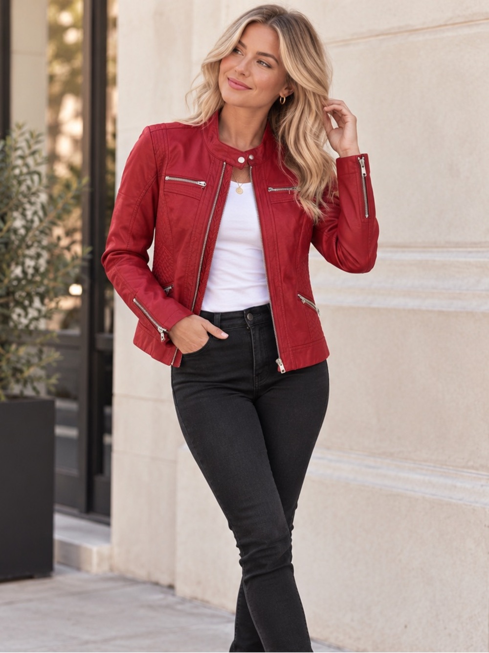 Guess Faux Leather Red Moto Jacket (lined)